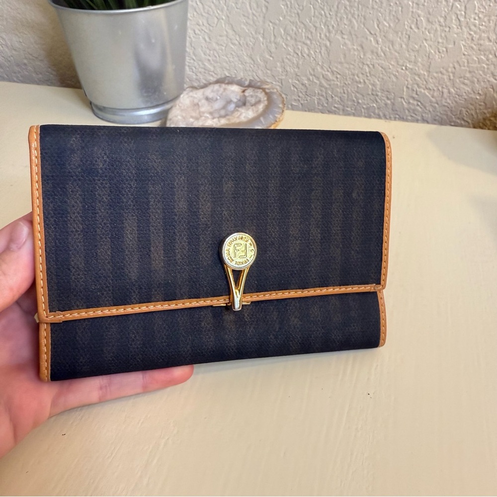 RARE VINTAGE FENDI Pequin Trifold Wallet with Gold Clasp